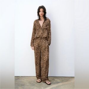 Zara 2 piece animal Print Button Down Shirt XS and Pants Size Small matching set
